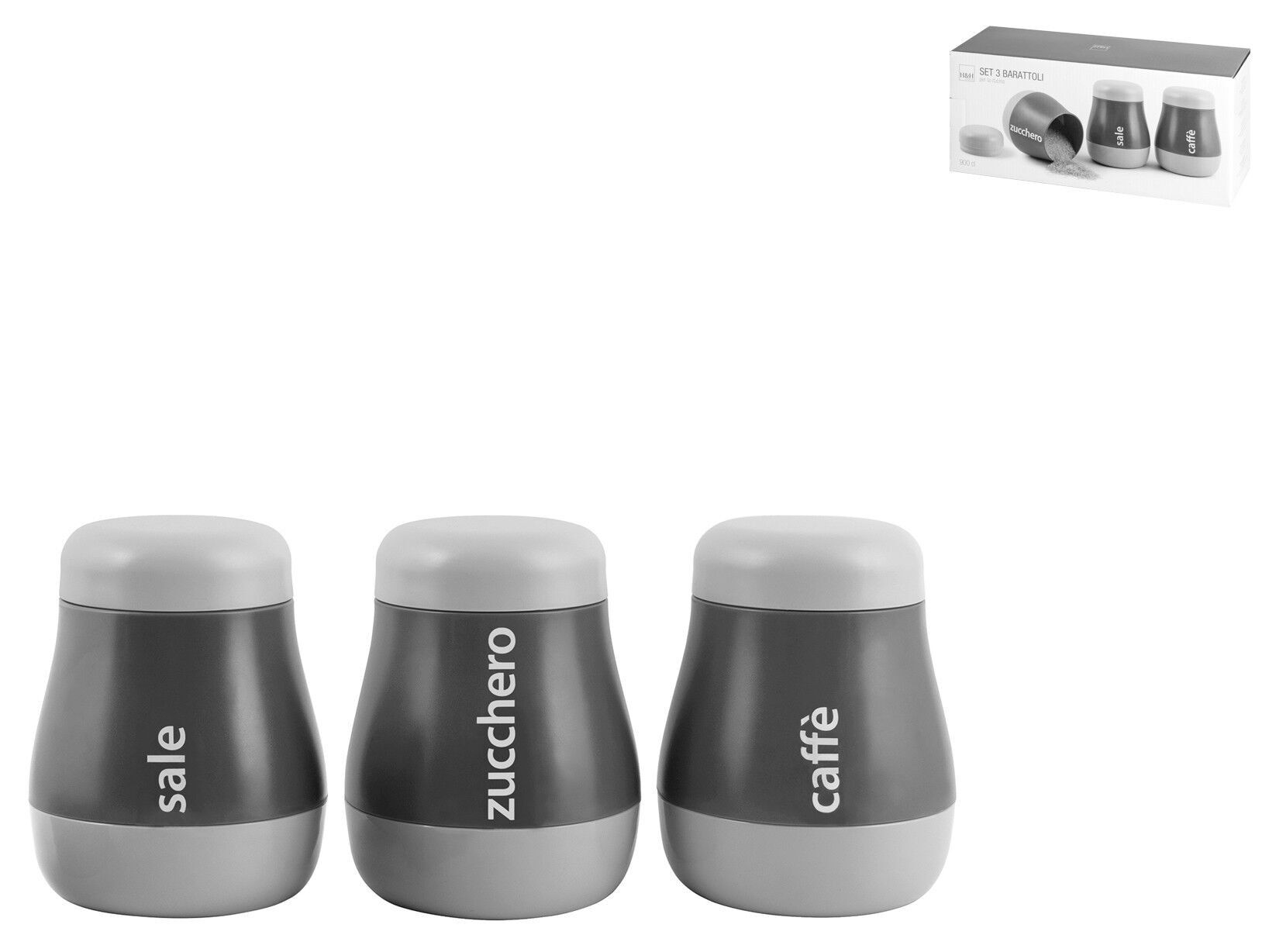 Confezione 3 barattoli Pop Grey in polistirene grigio decori sale/zucchero/caffè cc 900