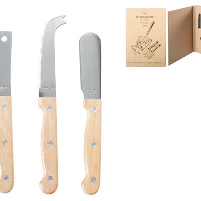 Pack of 3 cheese knives in stainless steel with wooden handles. Consisting of: 1 cleaver knife cm 4x18x1.5 h blade cm 7.5; 1 curved blade knife with double tip 3.5x20x1.5 cm blade 9.5 cm; 1 knife cm 2,5x18x1,5 h blade cm 7,5