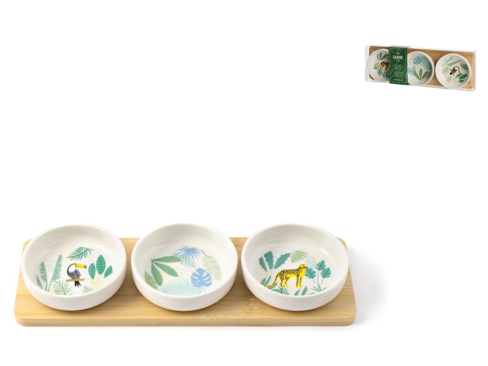 Packung mit 3 Schalen Caribe aus dekoriertem Porzellan. Bestehend aus: 3 dekorierten Porzellanschalen 9x2,5 cm, 1 rechteckiger Bambussockel 28,5x9,5xh1 cm.