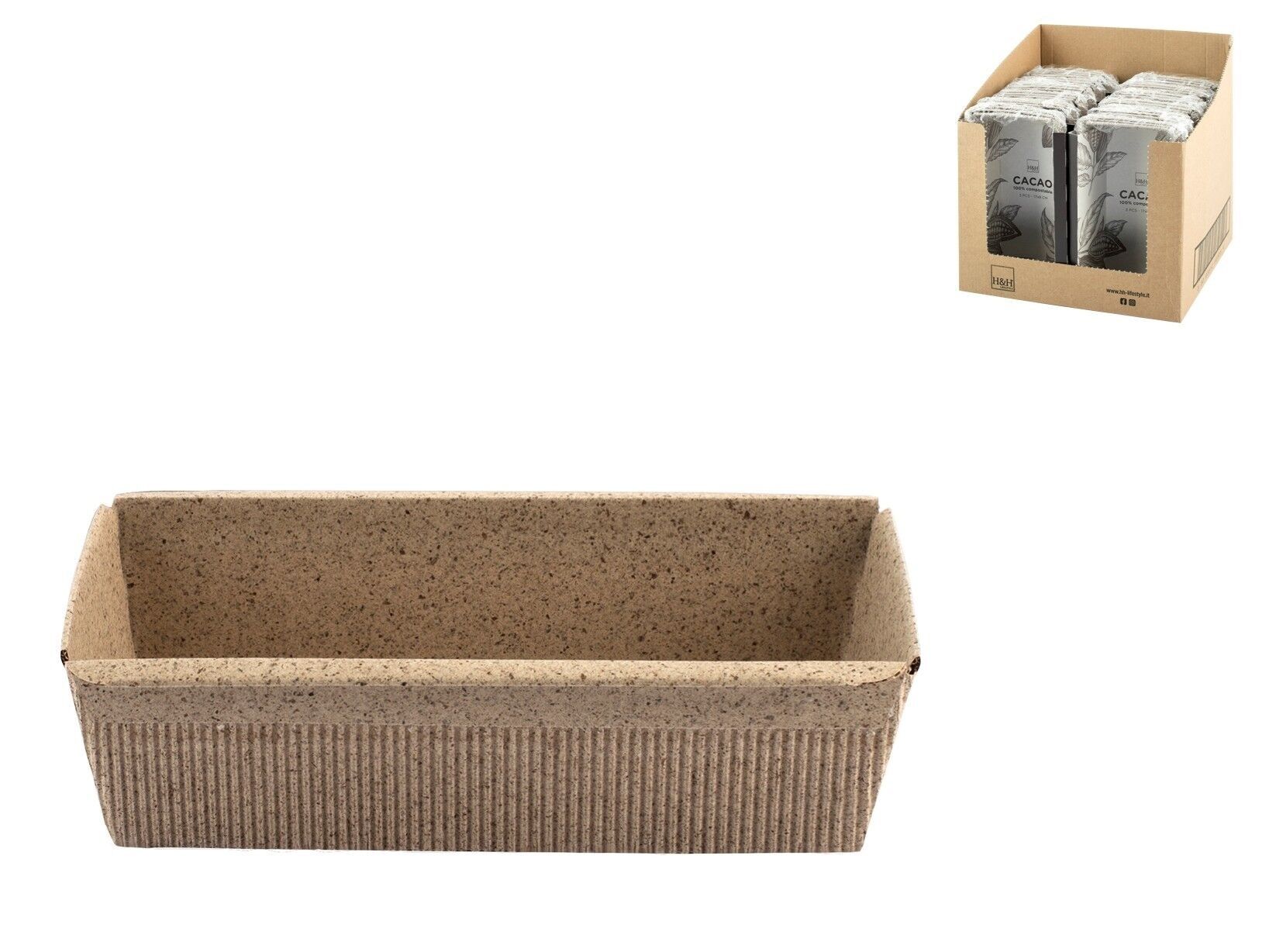 Pack of 3 cocoa molds in baking paper composed of up to 40% virgin cellulose derived from the processing of cocoa shells and 0% additional inks, 17x8x5 cm plumcake shape.