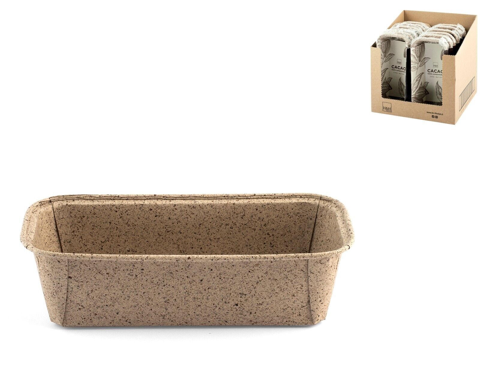 Pack of 3 cocoa molds in baking paper composed of up to 40% virgin cellulose derived from the processing of cocoa shells and 0% additional inks, rectangular shape 18x7x5 cm.
