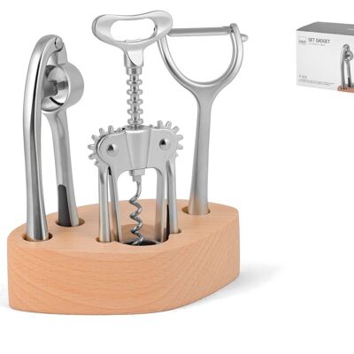 Pack of 4 metal gadgets with non-slip handles and natural wood base. Consisting of: stand 17.5x10x5 h cm; corkscrew cm 7x4x18 h; garlic press cm 3,5x17x4,5 h; vegetable peeler steel blade cm 6,5x17x3 h