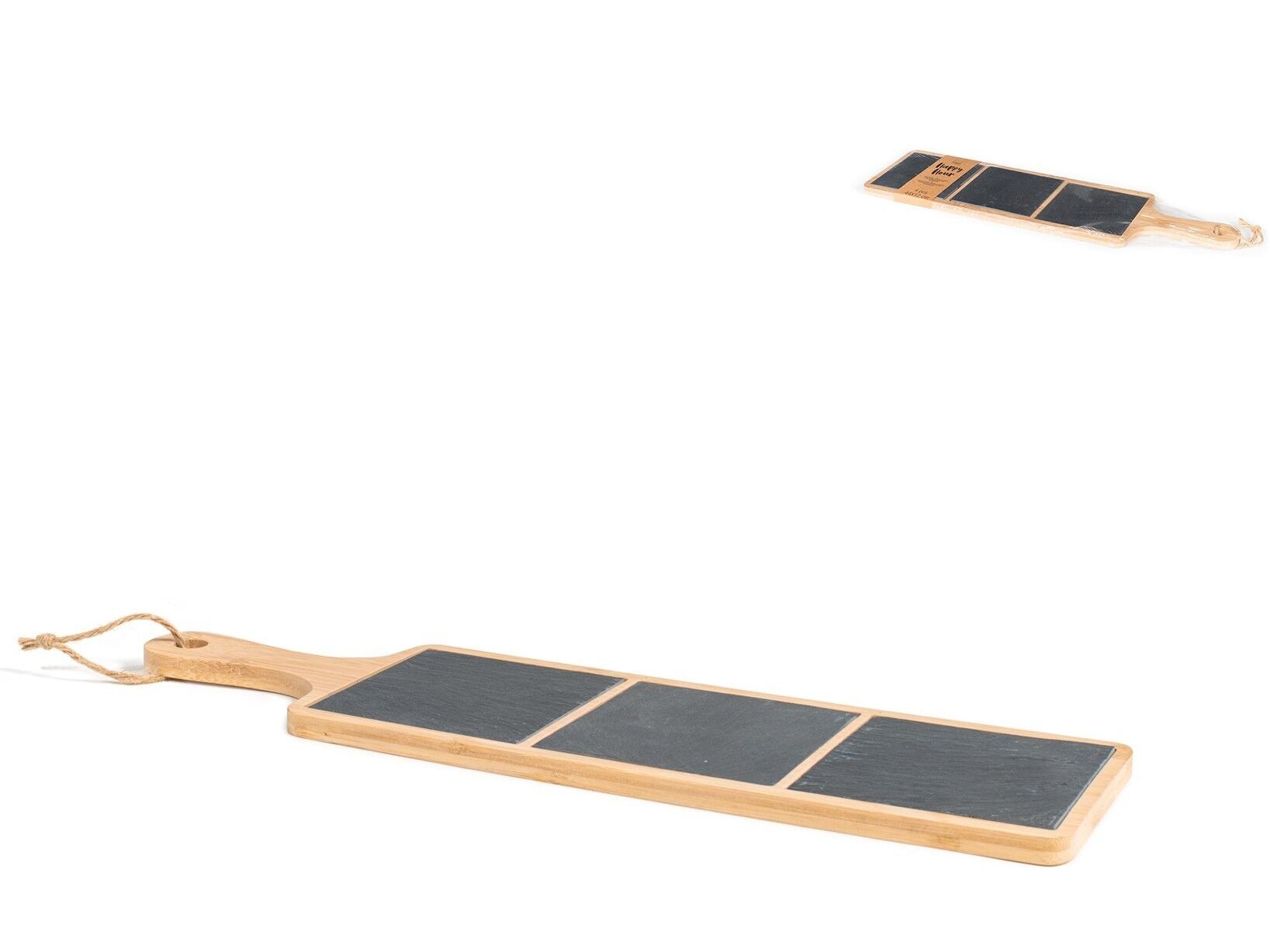 Confezione 4 pezzi Happy Hour con base in bambù. Set composto da un tagliere con manico in bambù cm 44 con 3 Piattini in ardesia da cm 10x10.