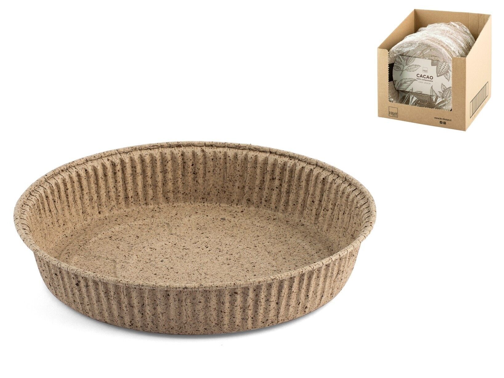 Pack of 4 cocoa molds in baking paper composed of up to 40% virgin cellulose derived from the processing of cocoa shells and 0% additional inks diameter 18x3 cm.