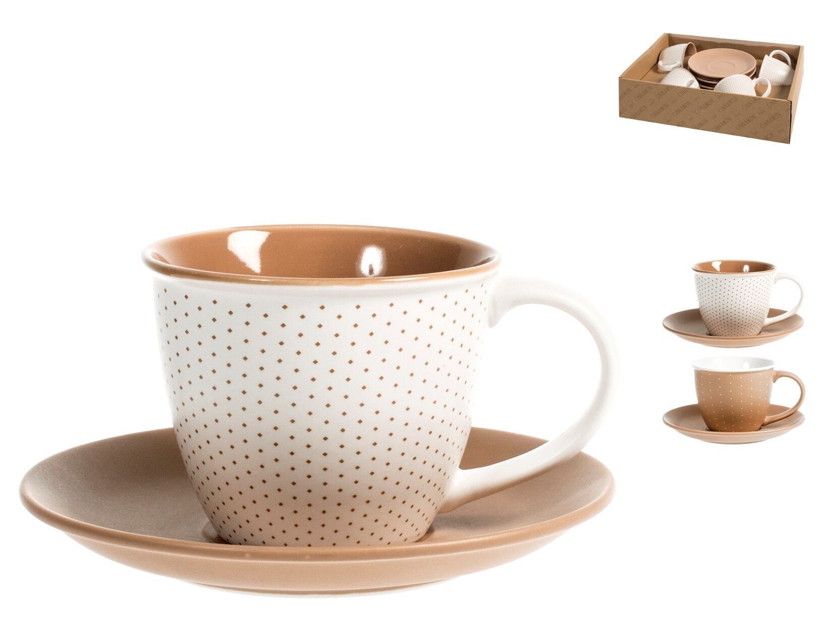 Confezione 4 tazze tè Cinnamon in new bone china con Piatto colori assortiti cc 220. Composto da: tazza cm 12x8,5x7 h; Piatto cm 15x2,3 h