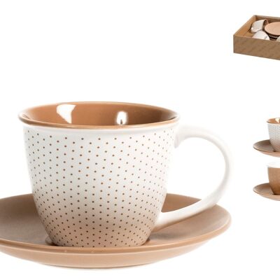 Pack of 4 Cinnamon tea cups in new bone china with assorted color plate cc 220. Consisting of: cup 12x8.5x7 h cm; Plate 15x2.3 cm h