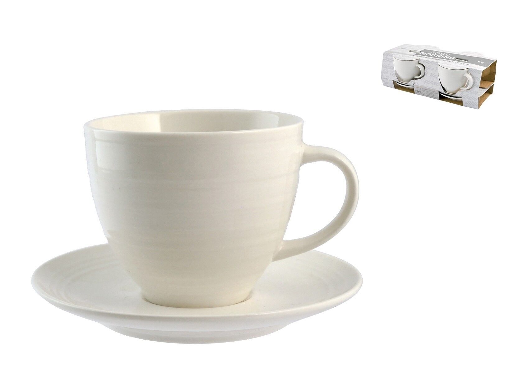 Confezione 4 Tazze tè con Piatto New Bone China Bianche Good Morning 270 cc Composto da: 4 Tazze tè 11,5x7,5x9 cm 0,190 kg,4 Piattini 14x2x14 cm 0,150 kg