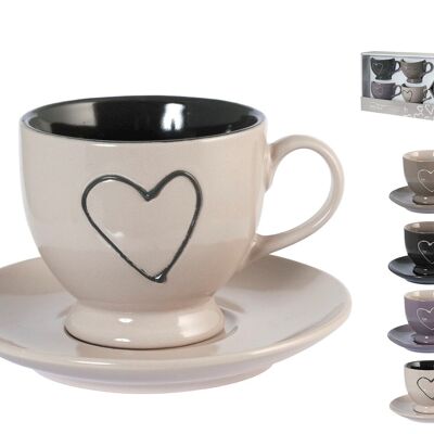 Pack of 4 tea cups Cuore in stoneware with plate assorted colors cc 220