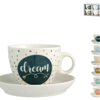 Pack de 4 tazas de té Enjoy en porcelana nueva con plato con decoraciones variadas cc 230. Compuesto por: taza de té cm 11,5x9x7 h; Plato 13,5x2,5 cm h