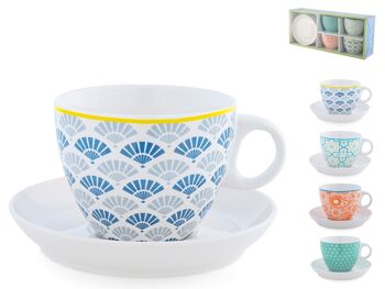 Lot de 4 tasses à thé Full Decoration en porcelaine fine avec décoration assortie cc 230. Composé de : tasse 11,5x9x7 h cm ; Assiette 14x2,5 cm h 6