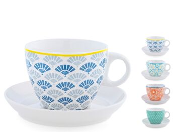Lot de 4 tasses à thé Full Decoration en porcelaine fine avec décoration assortie cc 230. Composé de : tasse 11,5x9x7 h cm ; Assiette 14x2,5 cm h 8