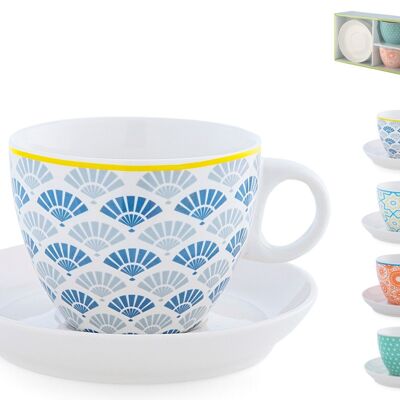 Pack of 4 Full Decoration tea cups in new bone china with assorted decoration cc 230. Consisting of: cup 11.5x9x7 h cm; Plate 14x2.5 cm h