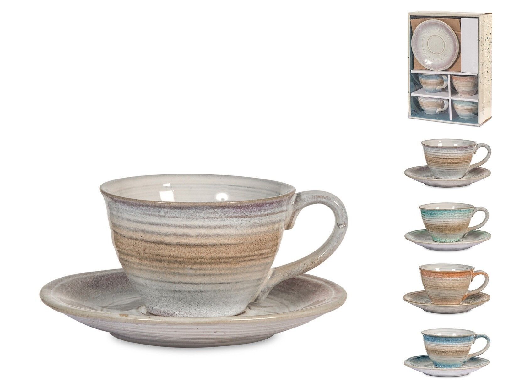 Packung mit 4 Java-Teetassen aus Steingut mit Teller in verschiedenen Farben cc 180