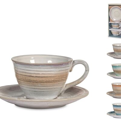 Pack of 4 Java tea cups in stoneware with plate in assorted colors cc 180