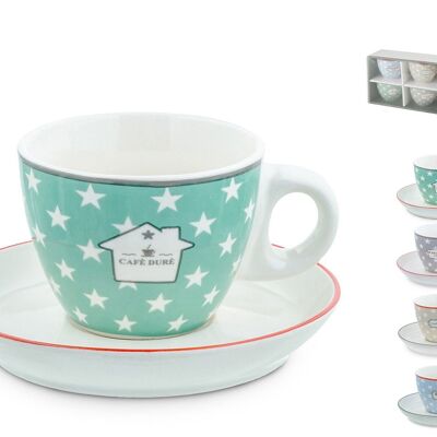 Packung mit 4 Teetassen aus New Bone China mit Brasserie-Dekoration mit Teller cc 240