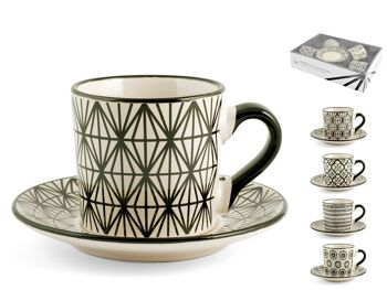 Lot de 4 tasses à thé Vhera en grès avec assiette de décoration assortie cc 220. Composé de : 6 tasses à thé 11x8x7 h cm ; 6 soucoupes cm 14,5x8 h 5