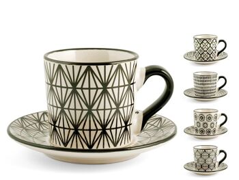 Lot de 4 tasses à thé Vhera en grès avec assiette de décoration assortie cc 220. Composé de : 6 tasses à thé 11x8x7 h cm ; 6 soucoupes cm 14,5x8 h 6