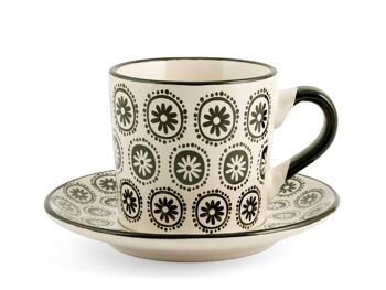 Lot de 4 tasses à thé Vhera en grès avec assiette de décoration assortie cc 220. Composé de : 6 tasses à thé 11x8x7 h cm ; 6 soucoupes cm 14,5x8 h 8