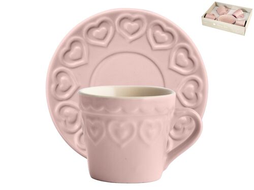 Confezione 4 Tazze Te in Stoneware Rosa con Piatto 200 cc