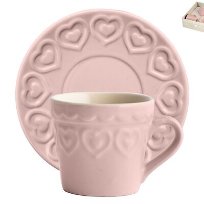 Confezione 4 Tazze Te in Stoneware Rosa con Piatto 200 cc