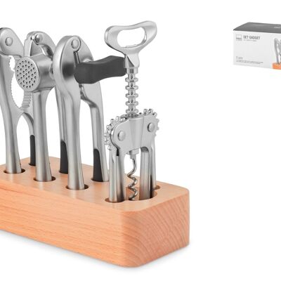 Pack of 5 metal gadgets with non-slip handles and natural wood base. Consisting of: stand cm 19x19x5 h; corkscrew cm 7x4x18 h; squeezer cm 3,5x17x4,5 h; can opener cm 5,5x17x5 h; nutcracker cm 4,5x17x2 h