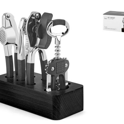 Pack of 5 metal gadgets with non-slip handles and black wooden base. Consisting of: stand cm 19x8.5x5 h; corkscrew cm 7x4.5x16.5 h; garlic press cm 4,5x17x3 h; can opener cm 5,5x17x5 h; nutcracker cm 4x16x1 h