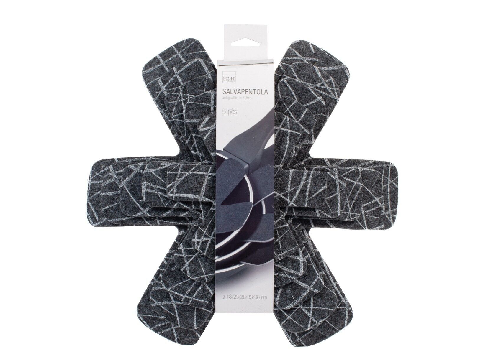 Confezione 5 salvapentola in feltro sagomato per pentole cm 18/23/28/33/38. Da utilizzare per sovrapporre le pentole, evitando così di graffiare o rovinare il rivestimento.