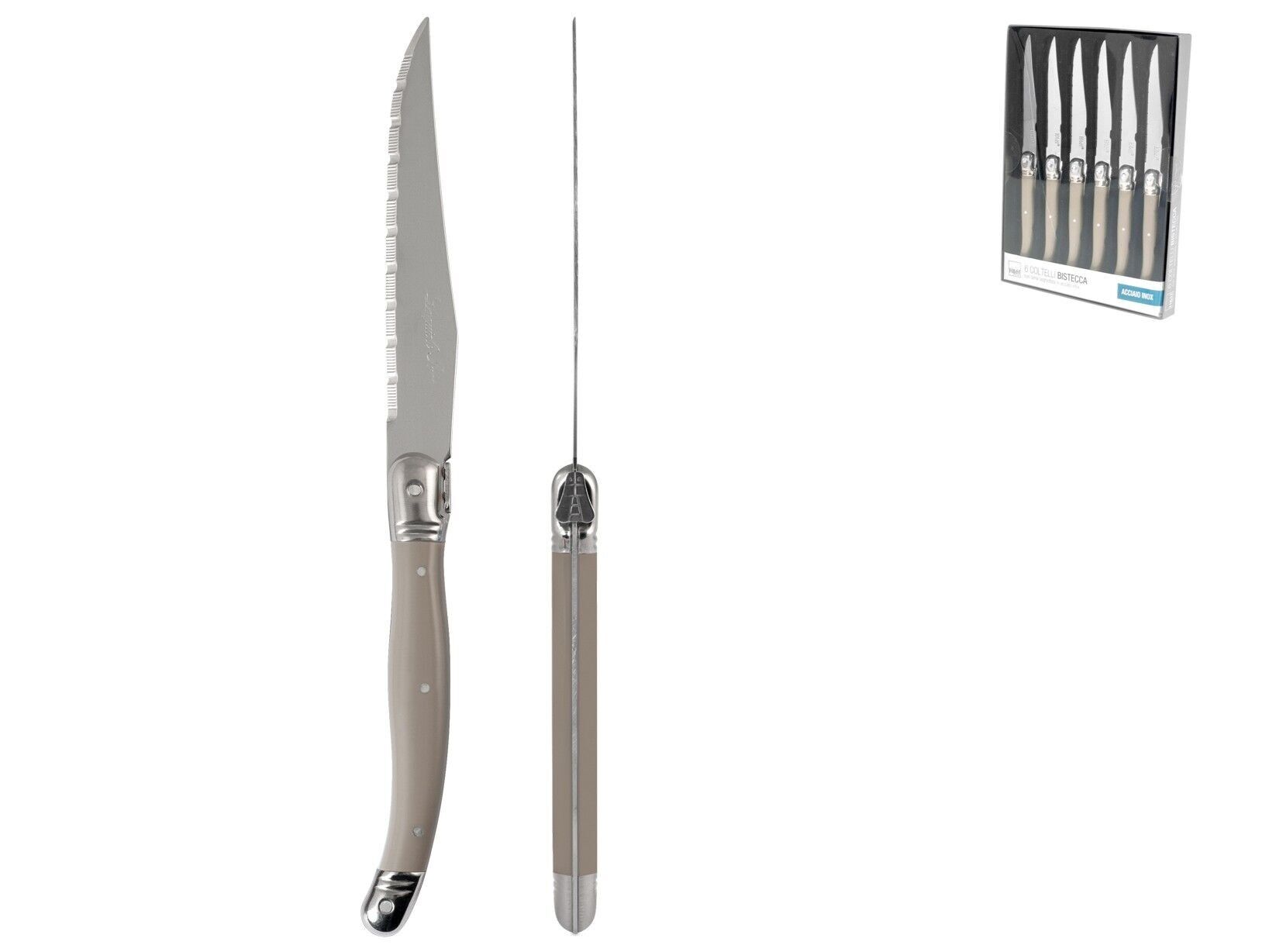 Packung mit 6 Color Knife Steakmessern mit gezahnter Edelstahlklinge und 11 cm langem, taubengrauem ABS-Griff