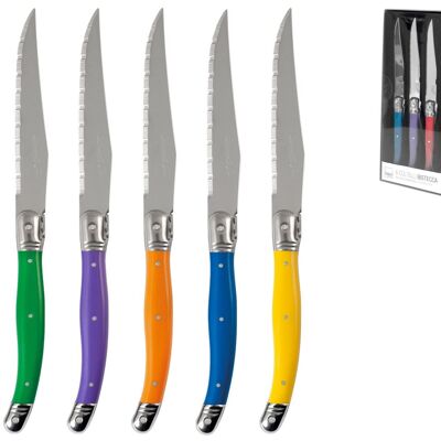 Pack de 6 cuchillos chuleteros Colour Knife con hoja dentada de acero inoxidable y mango de abs en colores surtidos 11 cm