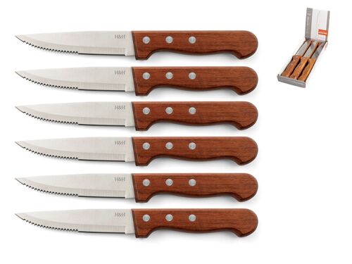 Confezione 6 coltelli California con lama in acciaio inox con punta seghettata e manico rivettato in legno naturale. Misure del coltello base 3 cm, altezza 2 cm ,profondità 25 cm. Peso 0,075 gr.