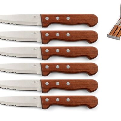Confezione 6 coltelli California con lama in acciaio inox con punta seghettata e manico rivettato in legno naturale. Misure del coltello base 3 cm, altezza 2 cm ,profondità 25 cm. Peso 0,075 gr.