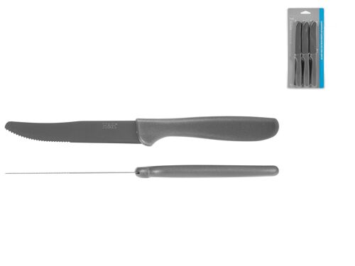 Confezione 6 coltelli lama in acciaio con rivestimento antiaderente, punta tonda mezza seghetta, colore grigio. Blister.