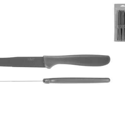 Confezione 6 coltelli lama in acciaio con rivestimento antiaderente, punta tonda mezza seghetta, colore grigio. Blister.