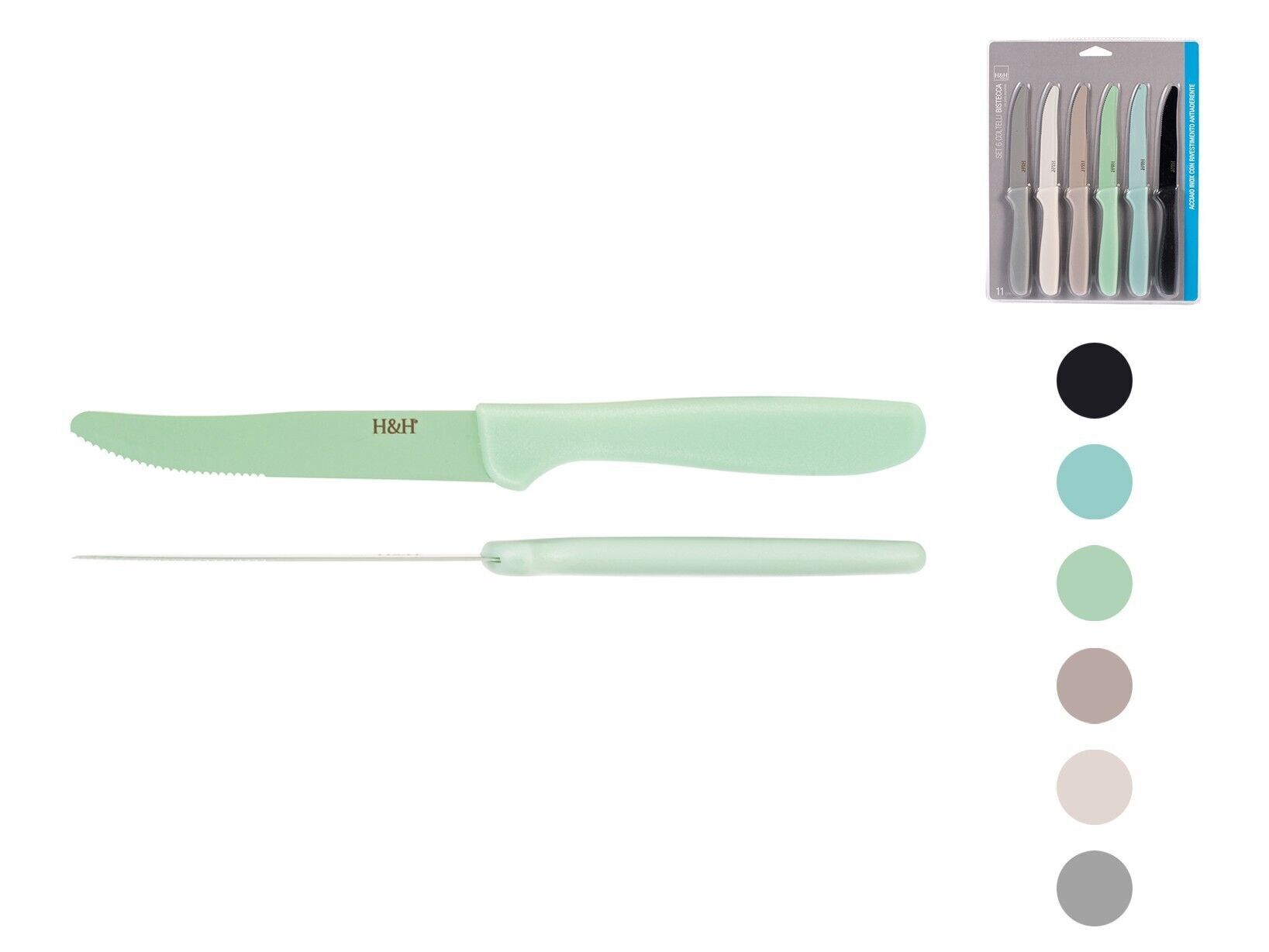 Confezione 6 coltelli lama in acciaio con rivestimento antiaderente, punta tonda mezza seghetta, colori assortiti. Blister.