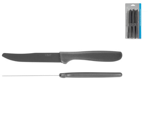Confezione 6 coltelli lama in acciaio con rivestimento antiaderente, punta tonda seghettata, colore grigio. Blister.