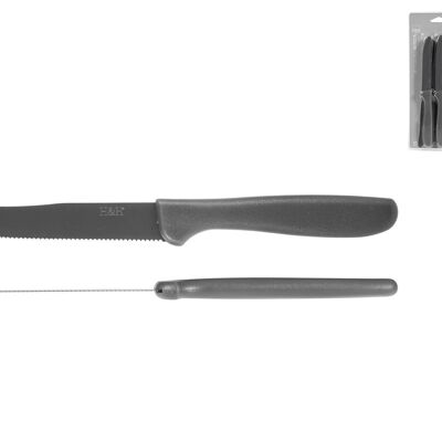 Pack de 6 cuchillos con hoja de acero recubierta de antiadherente, punta redonda dentada, color gris. Ampolla.
