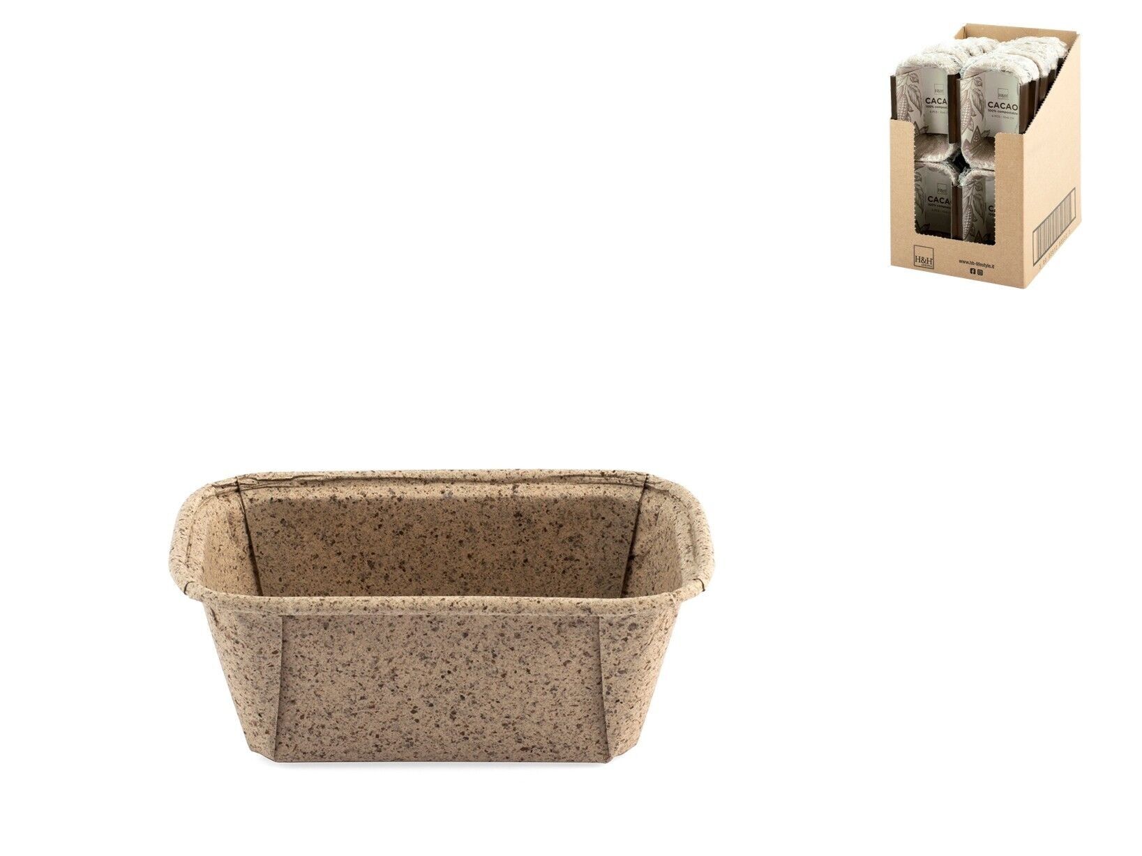 Pack of 6 cocoa molds in baking paper composed of up to 40% virgin cellulose derived from the processing of cocoa shells and 0% additional inks, rectangular shape 10x6x4 cm.