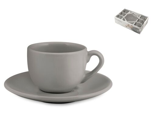 Confezione 6 tazze caffè Adeline in ceramica con Piatto grigio cc 100 Tazza 7x9,5x5,5Hcm Piattino 13,5x2cm