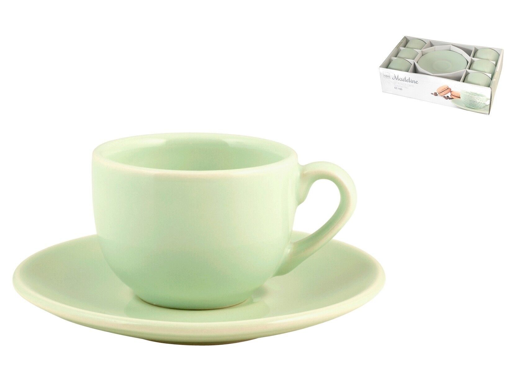 Pack of 6 Coffee Cups with Ceramic Plate Forte Madeline Green Color. Cup: 7x9,5xH5,5 Saucer 13,5xH2cm
