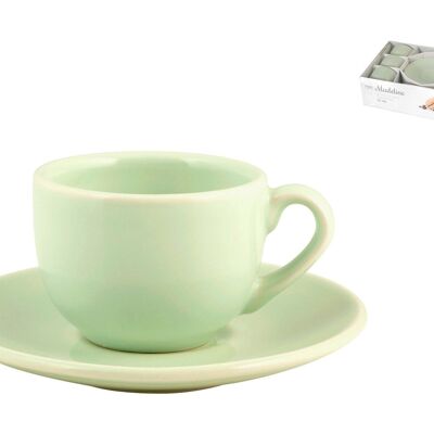 Packung mit 6 Kaffeetassen mit Keramikplatte Forte Madeline Green Color. Tasse: 7x9,5xH5,5 Untertasse 13,5xH2cm