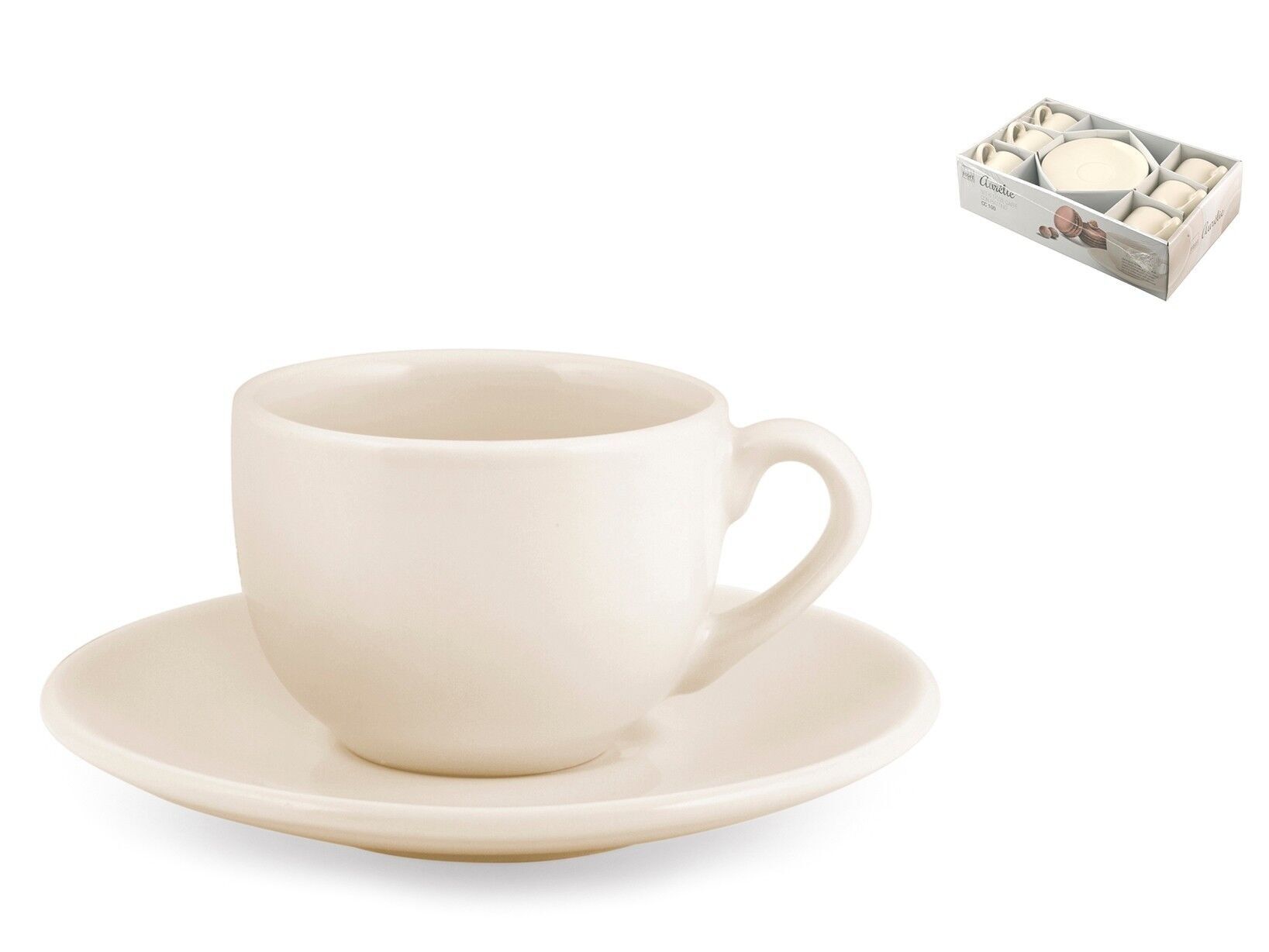 Pack of 6 coffee cups with Aurelie ivory ceramic plate 100 cc. Cup 7x9,5xH5,5cm Saucer 13,5x2cm