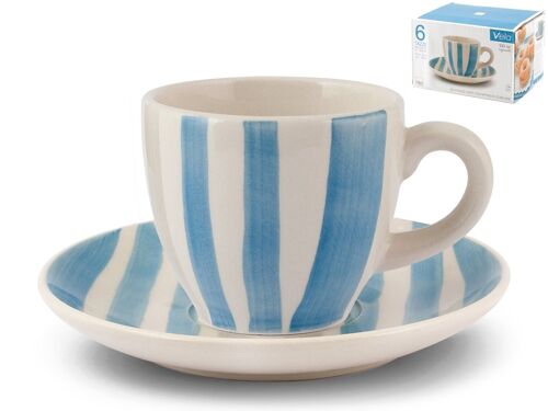 Confezione 6 tazze caffè Righe blu in stoneware con Piatto cc 100