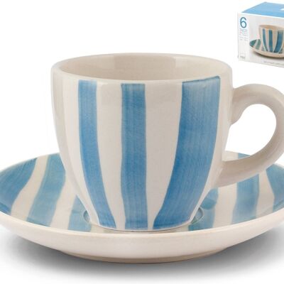 Pack of 6 coffee cups Blue lines in stoneware with plate cc 100