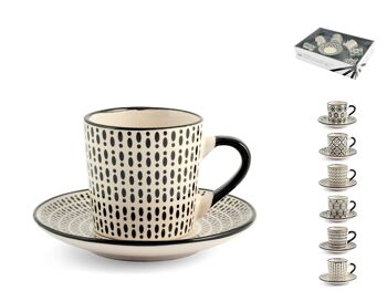 Lot de 6 tasses à café Vhera en grès avec assiette de décoration assortie cc 90. Composé de : 6 tasses à café cm 8x6x5,5 h ; 6 soucoupes 11x1,5 cm h 6
