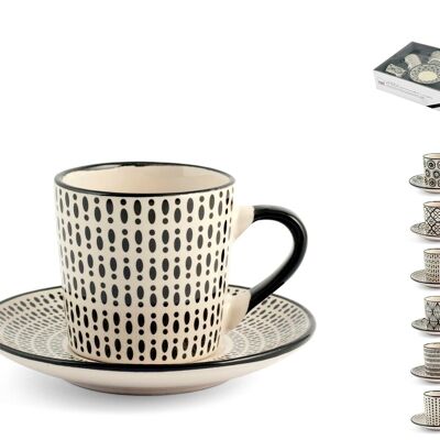 Pack de 6 tazas de café Vhera de gres con plato decorativo surtido cc 90. Compuesto por: 6 tazas de café cm 8x6x5,5 h; 6 platillos 11x1.5 cm h