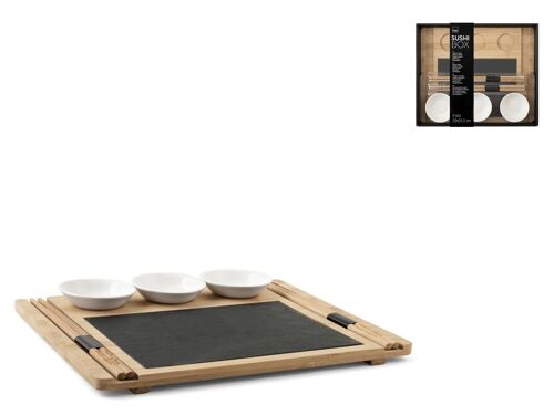 Confezione 9 pezzi Sushi Box in ardesia e bambu' cm 24x29. Composto da: 1 vassoio in bambu' cm 29x24,5, 1 Piatto in ardesia cm 20x15, 3 coppette in porcellana cm 7x2, 2 paia di bacchette in bambu' cm 24. Coppette adatte al microonde e lavastoviglie