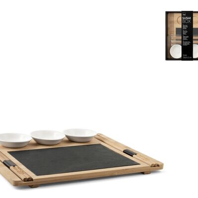 Pack de 9 piezas Sushi Box en pizarra y bambú 24x29 cm. Compuesto por: 1 bandeja de bambú de 29x24,5 cm, 1 plato de pizarra de 20x15 cm, 3 cuencos de porcelana de 7x2 cm, 2 pares de palillos de bambú de 24 cm.