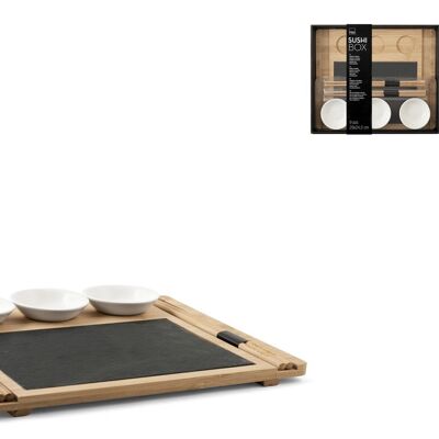 Confezione 9 pezzi Sushi Box in ardesia e bambu' cm 24x29. Composto da: 1 vassoio in bambu' cm 29x24,5, 1 Piatto in ardesia cm 20x15, 3 coppette in porcellana cm 7x2, 2 paia di bacchette in bambu' cm 24. Coppette adatte al microonde e lavastoviglie