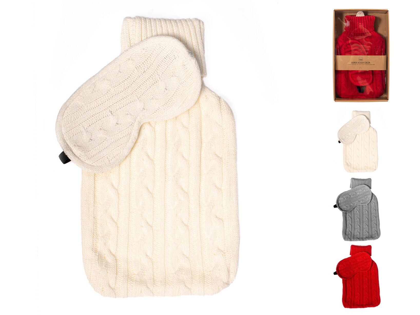 Confezione borsa acqua calda in gomma bilamellata con copri borsa in maglina colori assortiti Lt 2 e mascherina notte . Temperatura acqua massima 50°