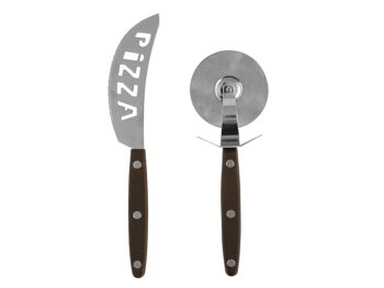 Pack couteau et roulette à pizza en acier inoxydable avec manche en polypropylène noir. Coupe-pizza 5,5x17 cm, coupe-pizza 3x20 cm. 6